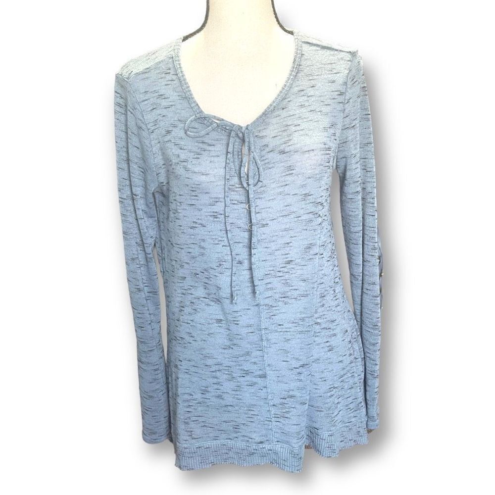 Ultra Flirt Blue Long Sleeve‎ Knit Top with Snaps and Tie Neckline, MD